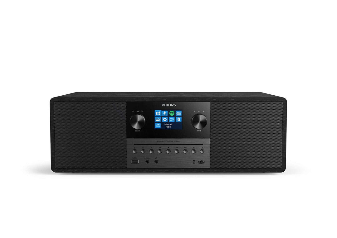Mikromusiksystem fra Philips TAM6805/10 med sort finish og LCD-skærm der viser musiktitler og indstillinger samt drejeknapper til volumen og tuning