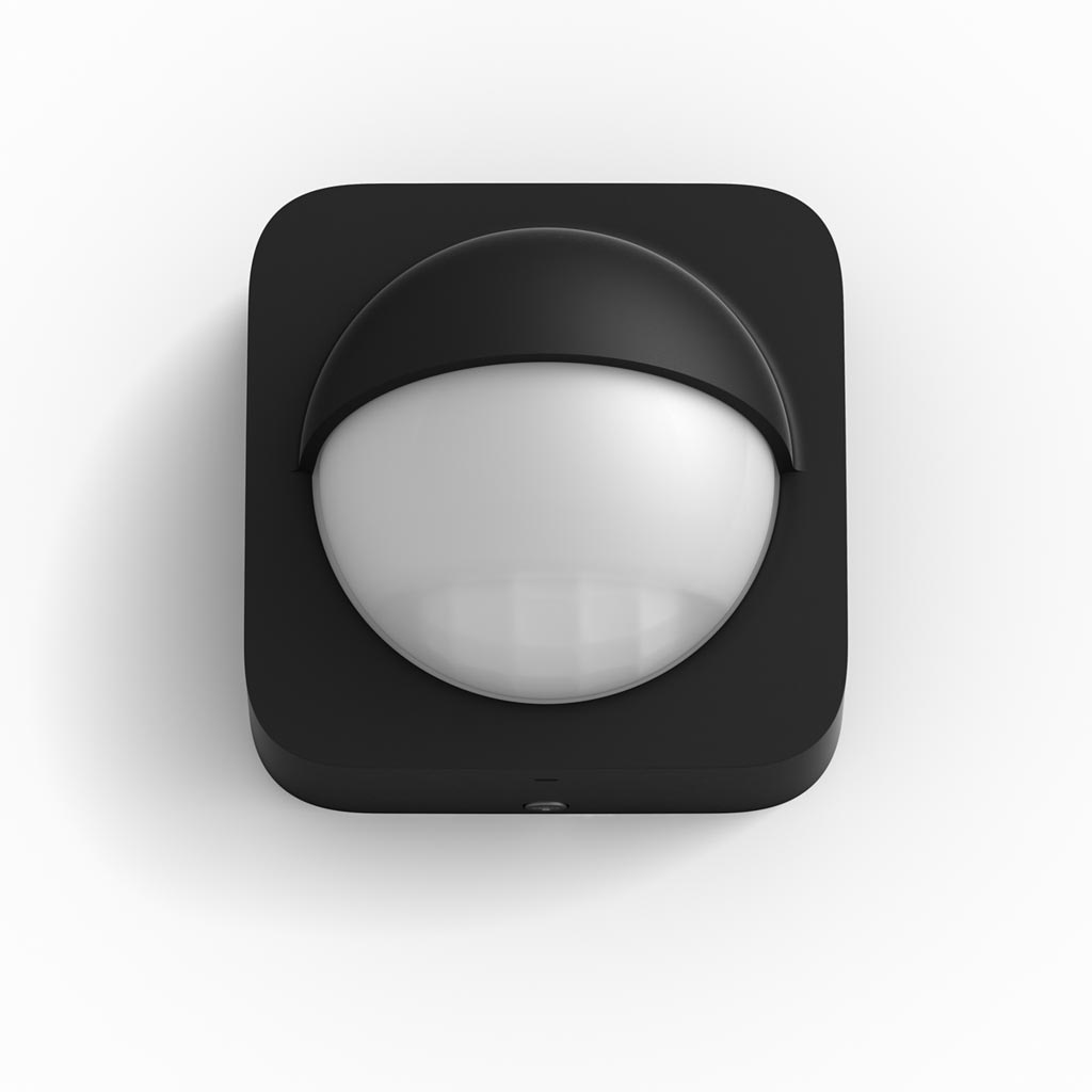 Philips Hue udendørssensor med en rund bevægelsessensor indkapslet i en sort firkantet ramme designet til udendørs brug