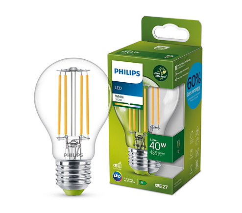 Philips LED pærer CLA 2,3W 40W 3000K 485lm med en klar glaskrop og synlige lysledninger samt en grøn og hvid emballage med information om energibesparelse