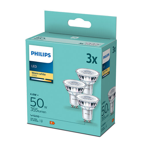 Pakke med tre Philips LED pærer Classic Spot 4,6W/827 der svarer til 50W med en strålevinkel på 36 grader og GU10 sokkel emballeret i en lys blå æske
