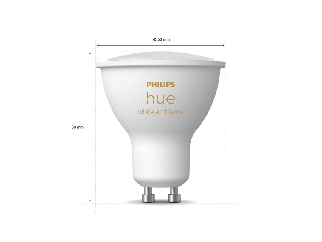 Philips Hue White Ambiance GU10 pære med Bluetooth i hvid farve med dimensioner 50 mm i diameter og 58 mm i højde designet til at skabe forskelligartet belysning i hjemmet
