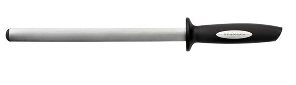 Scanpan 25 cm diamantstrygestål i klassisk design med flad form og sort håndtag til præcisionsslibning af knive