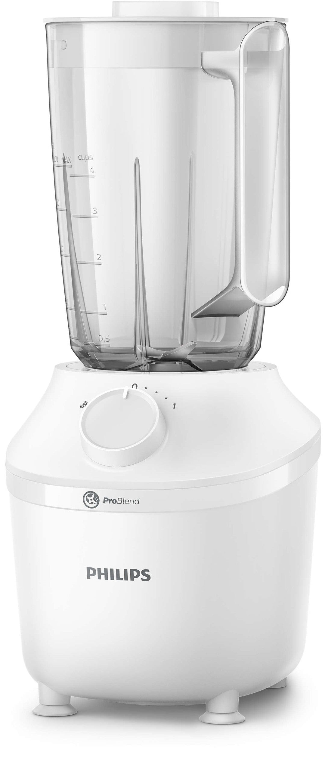 Philips HR2041/00 blender i hvid plast med en 1,9 liter glaskande og 450W motor viser tydelige måleskalaer og en drejeknap til hastighedsindstilling den har et kompakt design og er velegnet til både smoothies og madlavning