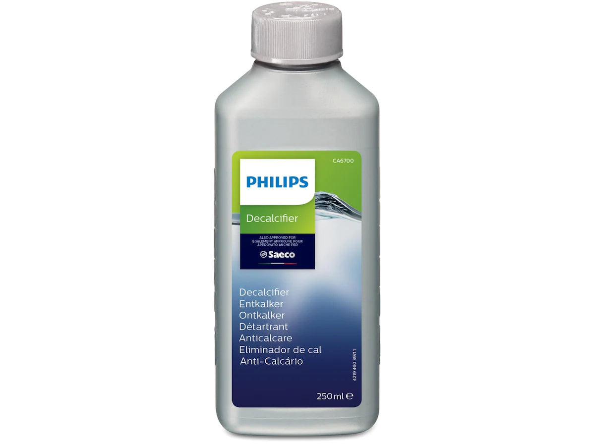 Flaske med Philips CA6700/22 afkalkningsmiddel til espressomaskiner indholdende 250 ml, designet til effektiv afkalkning og vedligeholdelse af kaffemaskiner, med grøn og blå etikette med produktinformation