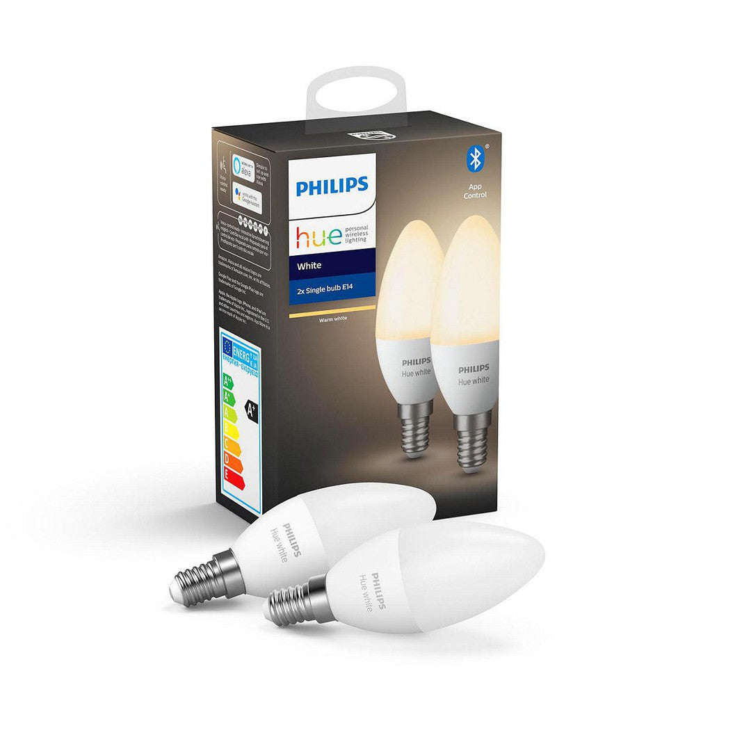 Pakke med to Philips Hue White E14 pærer i varmt hvidt lys med Bluetooth forbindelse og app kontrol synlig forbrugsetiket A+
