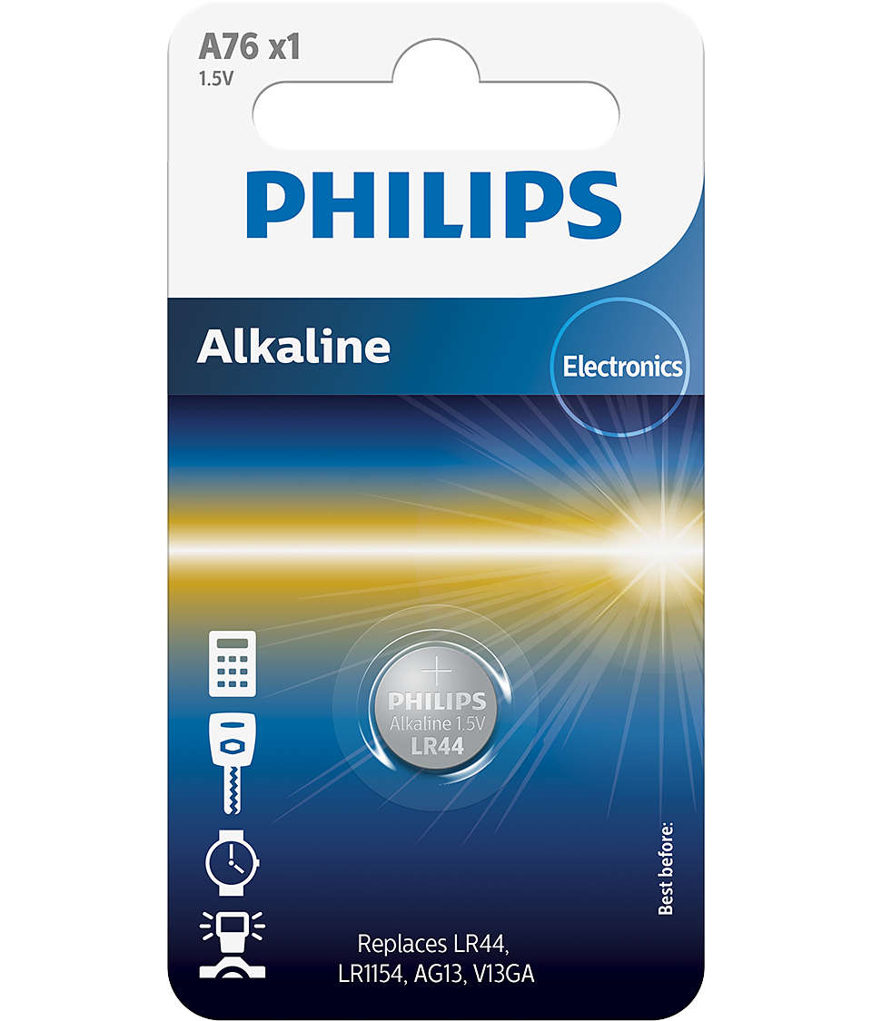Philips A76/01B Minicelle Batteri 1-stk LR44 på blisterpakke med grafisk design i blå og gule nuancer samt billeder af kompatible enheder som ur, lommeregner og lommelygte