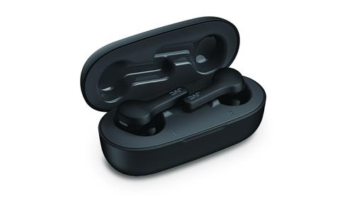 True Wireless In-Ear hovedtelefoner fra JVC i sort farve i opladningsetui set fra siden