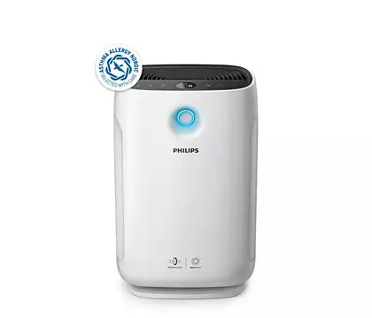 Luftrenser Philips AC2889/10 i hvid farve med et blåt lys i midten og allergimærke på toppen, viser en moderne og stilren design perfekt til hjemmet