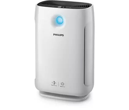 Luftrenser fra Philips model AC2889/10 i hvid med en lys indikatorknap øverst og kontrolsymboler nederst på fronten
