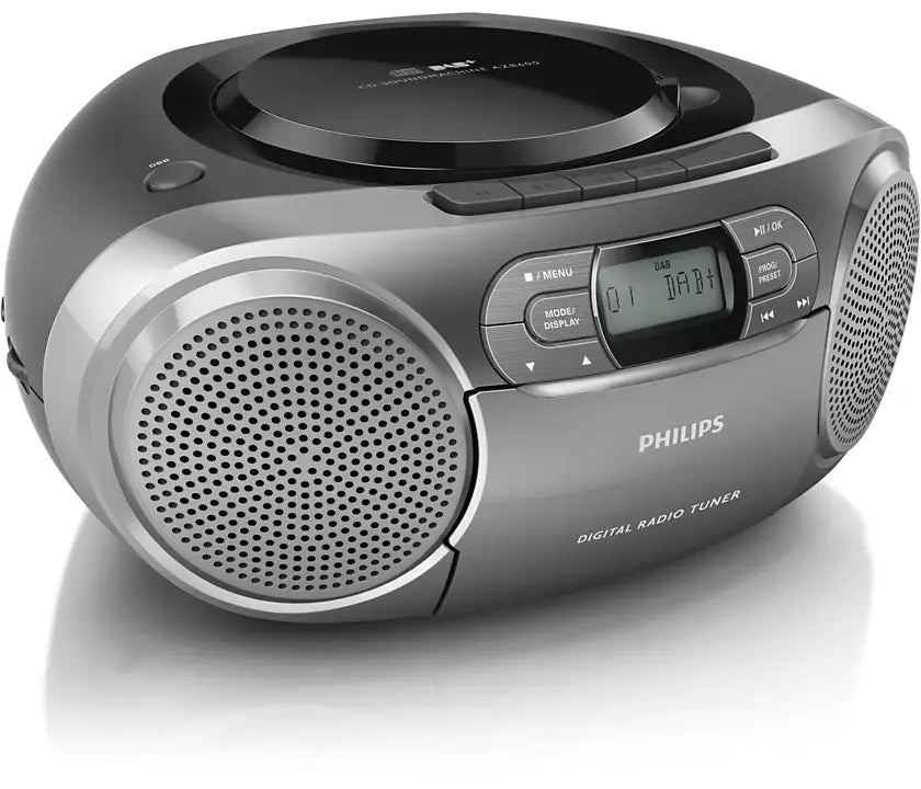 Philips AZB600/12 CD-afspiller med dynamisk basforstærkning i sølvfarve med cd-rom, DAB radio og kassetteafspiller designet til at levere høj lydkvalitet og alsidighed
