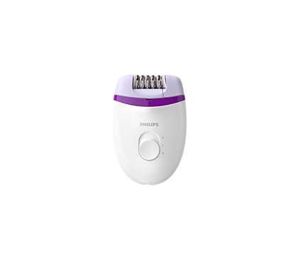 Philips BRE22500 Kompakt epilator med ledning set forfra med tydelig kontrolknap og en hvid samt lilla farvekombination