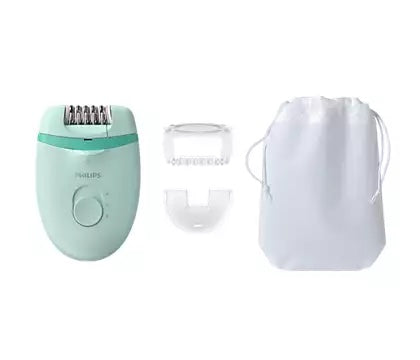 Kompakt epilator fra Philips i mintgrøn farve med ledning, en beskyttelseshætte til hovedet og en hvid opbevaringspose.