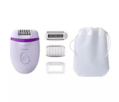 Philips BRE275/00 kompakt epilator med ledning præsenteret sammen med tilbehør som ekstra kamme og en hvid opbevaringspose