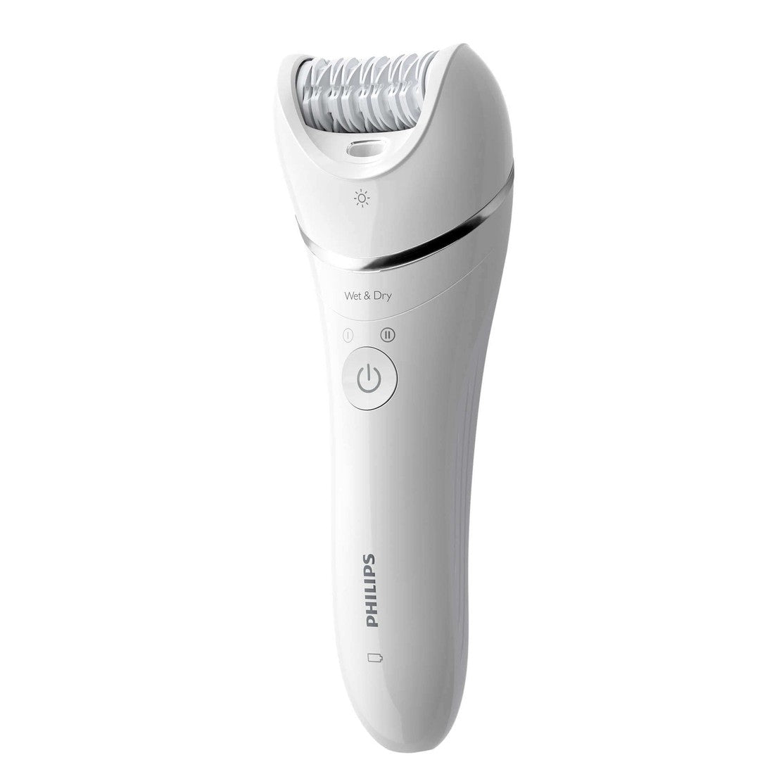 Philips BRE700/00 Wet & Dry epilator i hvidt design med en ergonomisk form og kontrolpanel med knapper til betjening og lysindikator