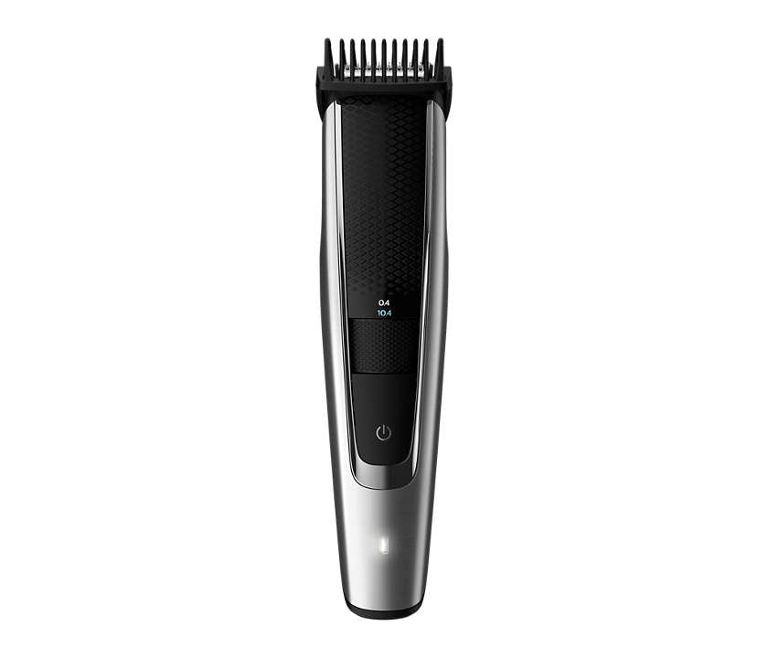 Philips BT5522/15 skægtrimmer set forfra med en sort og sølv finish slank design og indstilling for længdevisning på skærmen