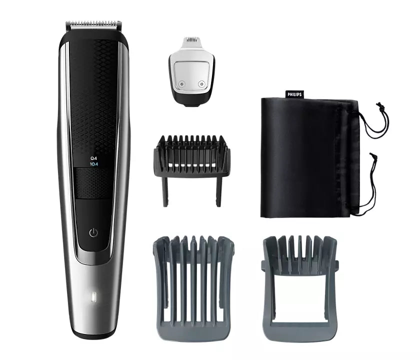 Billede af Philips BT5522/15 series 5000 skægtrimmer med en trimmer, en detailertipp, to justerbare kamme og en opbevaringspose blandt tilbehøret