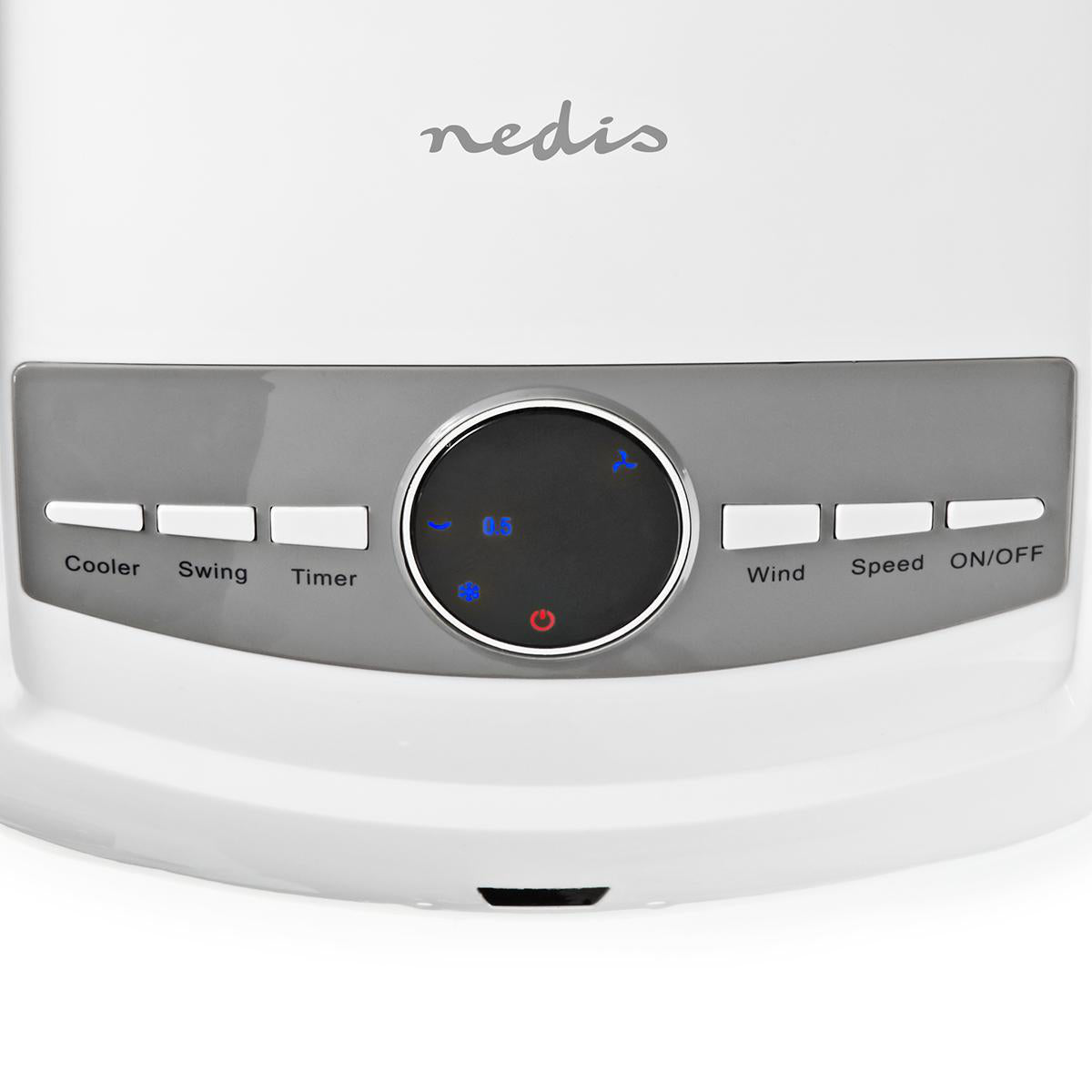 Billede af betjeningspanelet på Nedis COOL115CWT luftkøler med knapper til Cooler, Swing, Timer, Wind, Speed og ON/OFF samt en digital skærm der viser hastighedsindstillingen