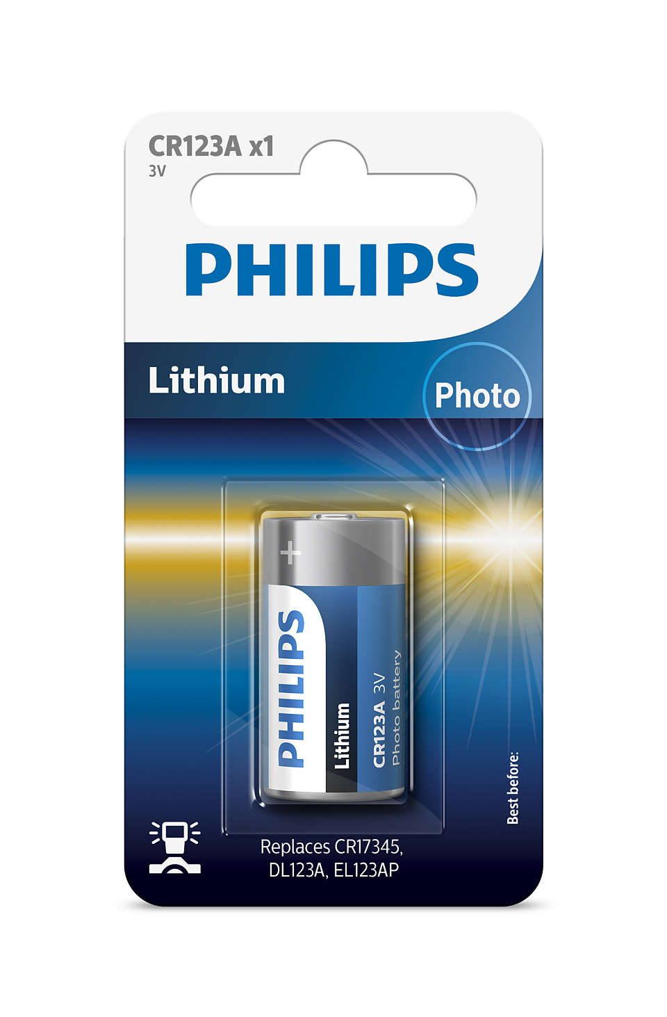 Pakke med Philips CR123A lithiumbatteri med en spænding på 3V designet til fotoapparater og andet elektronisk udstyr batteriet er synligt gennem en transparent plastikkappe med en blå og hvid farvepalette samt information om batteriets specifikationer og erstatninger