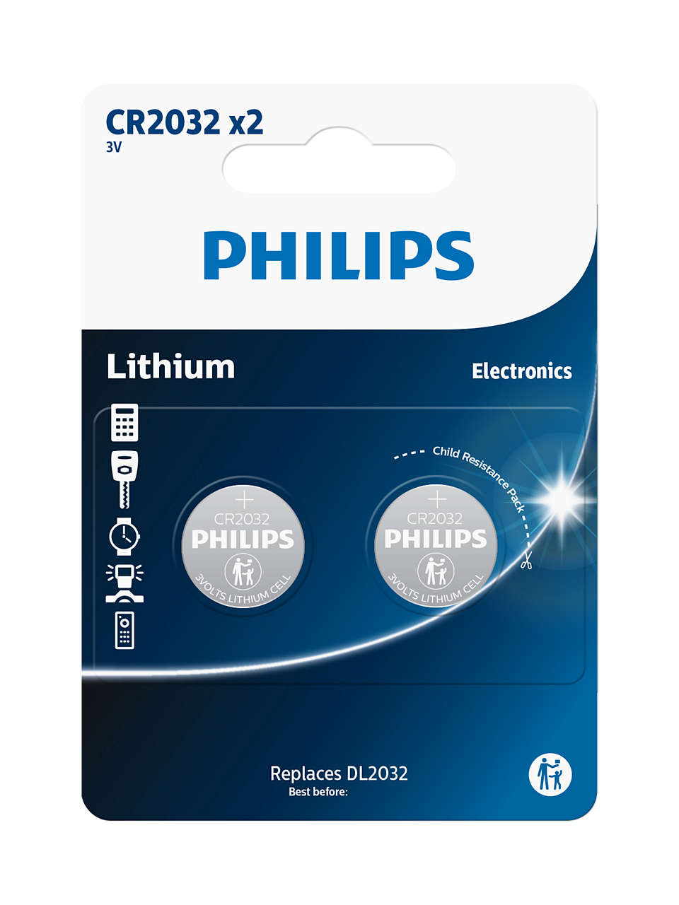Philips CR2032 Minicelle Batteri pakke med to lithiumbatterier 3V designet til elektroniske apparater med tydelige instruktioner og ikonisk grafik på emballagen