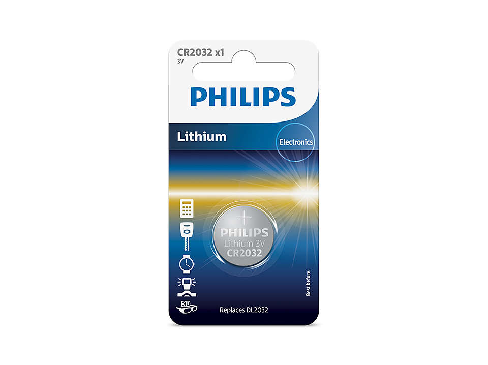 Billede af et Philips CR2032 lithiumbatteri i emballage med blå og gyldne farver indeholdende information om batteritype og kapacitet