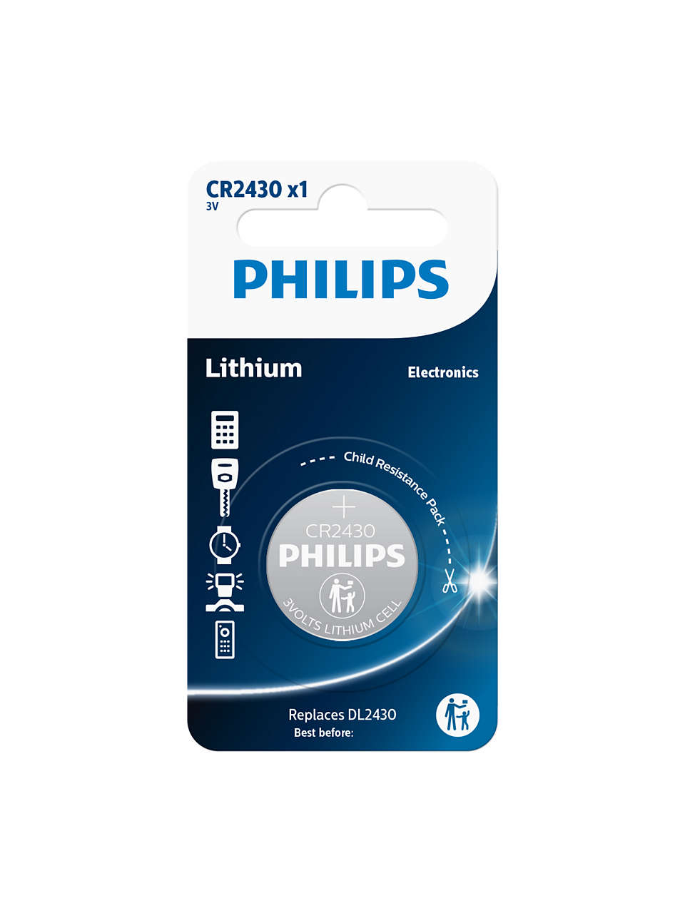Philips CR2430 lithiumbatteri på emballage med information om hjælpemidler og sikkerhedsfunktioner designet til elektronik, beskrivelse af produktet i blåt og grått layout, der viser billedet af batteriet og specifikationer som spænding og erstatning for DL2430