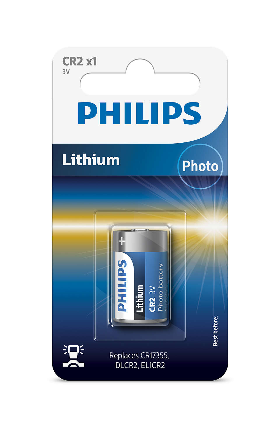 Billede af Philips CR2/01B Minicelle Batteri i pakken med information om lithium teknologi og reference til CR2 batterier samt erstatningsnumre CR17355, DLCR2 og EL1CR2