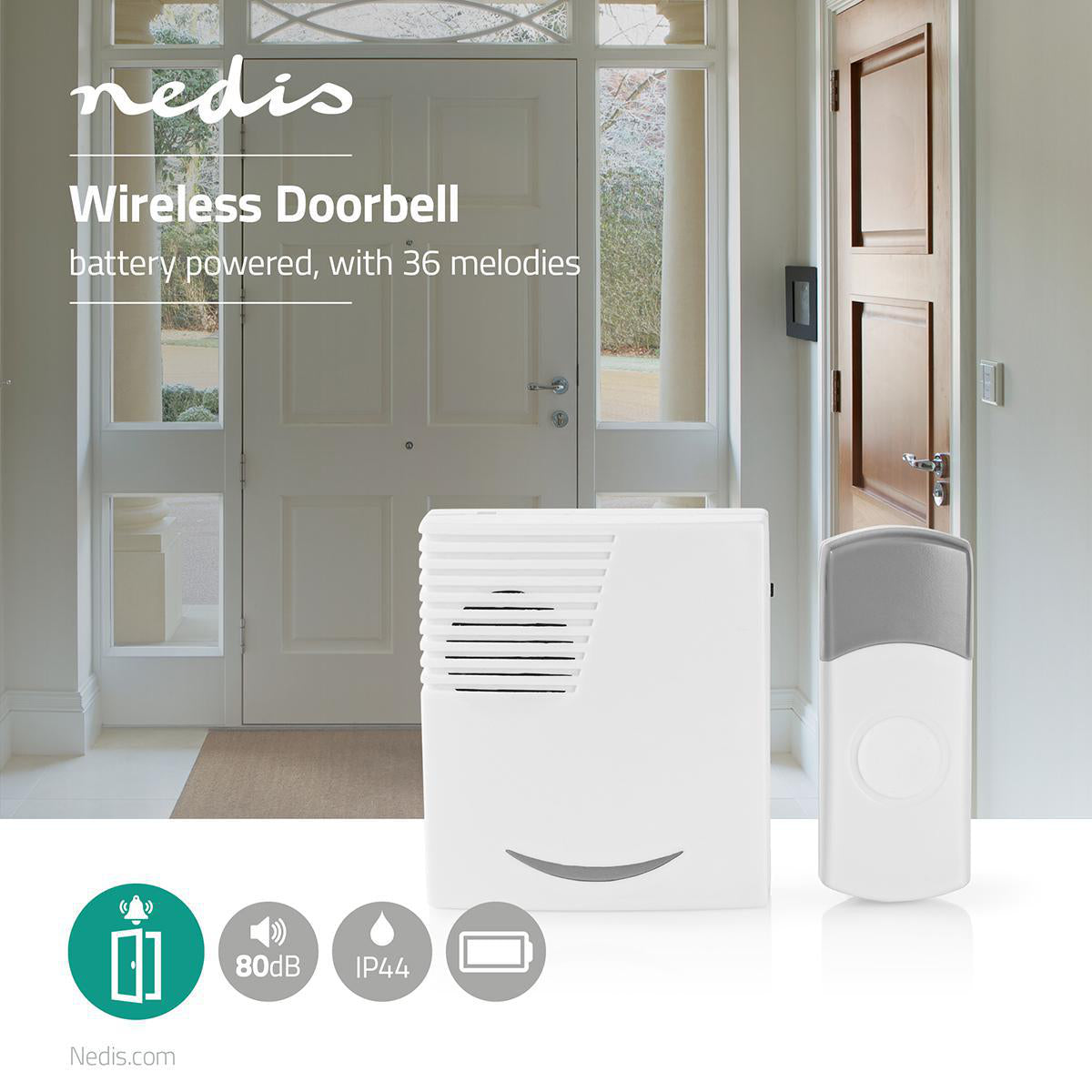 Trådløst dørklokke sæt fra Nedis med batteridrift og 36 melodier præsenteret i et elegant indgangsparti med en åbnet dør og et moderne interiør