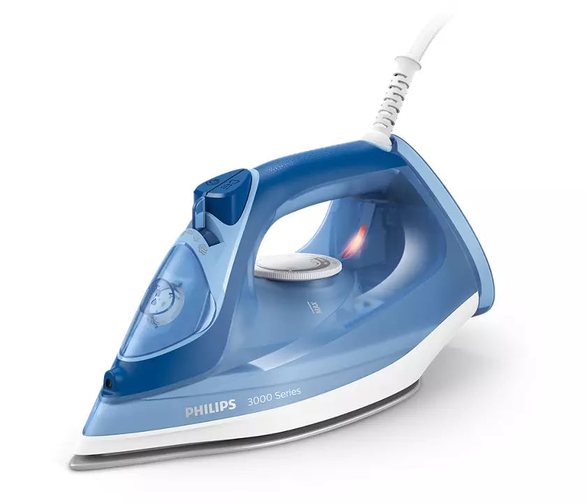 Philips DST3031/20 dampstrygejern i blå farve med 2400W effekt og konstant damp på 40g/min samt dampskud på 180g der gør strygning lettere og hurtigere