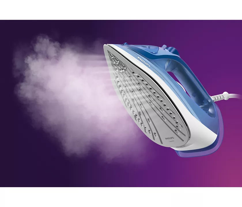 Philips DST3031/20 dammskærm med et blåt og hvidt design der producerer damp i høj kvalitet og effektivitet med en effekt på 2400 watt og konstant damp på 40g/min og maksimalt damptryk på 180g/min