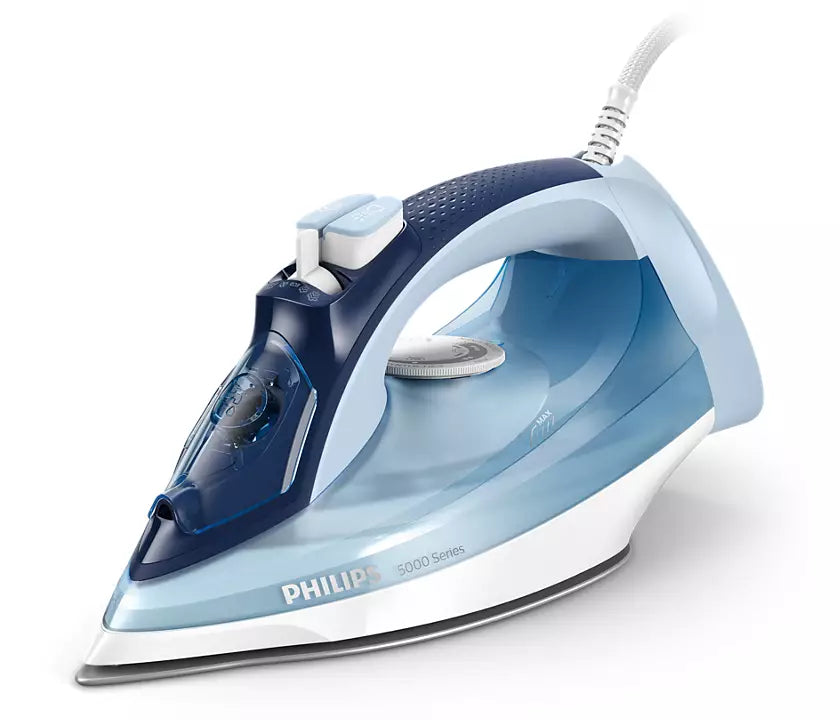 Dampstrygejern fra Philips med modelnummer DST5020/20 i en moderne blå farve og ergonomisk design 2400W effekt og konstant damp på 40g/min samt kraftigt dampudslip på 180g steam glide plus teknologi