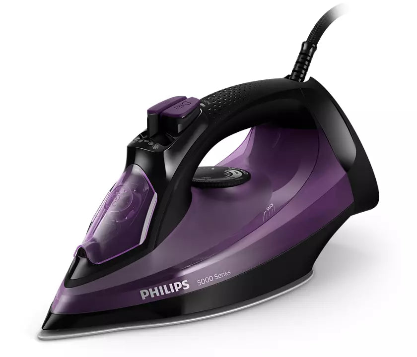 Philips DST5030/80 dampstrygejern med 2400W effekt og konstant damp på 45g/min samt dampskud på 180g har en SteamGlide Plus sål og ergonomisk design i sort og lilla farver