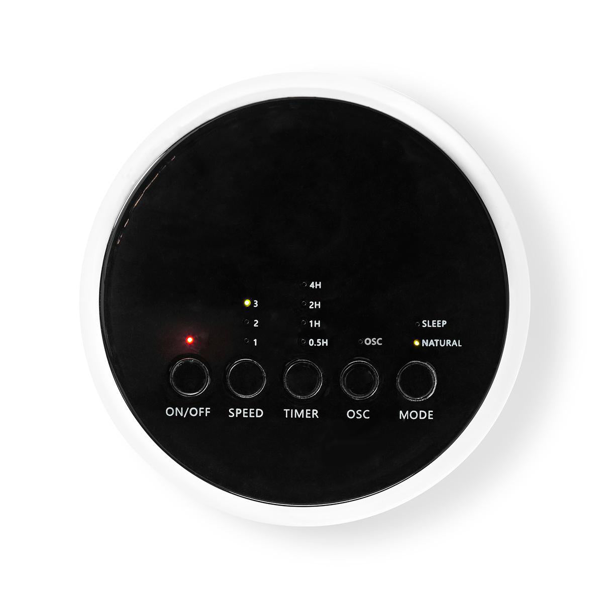 Billede af fjernbetjeningen til Nedis FNTR13CWT40 tårnvibrator med tydelige knapper til indstillinger som tænd/sluk hastighed timer oskillation og tilstand samt LED-indikatorer for hastighed og timerfunktioner