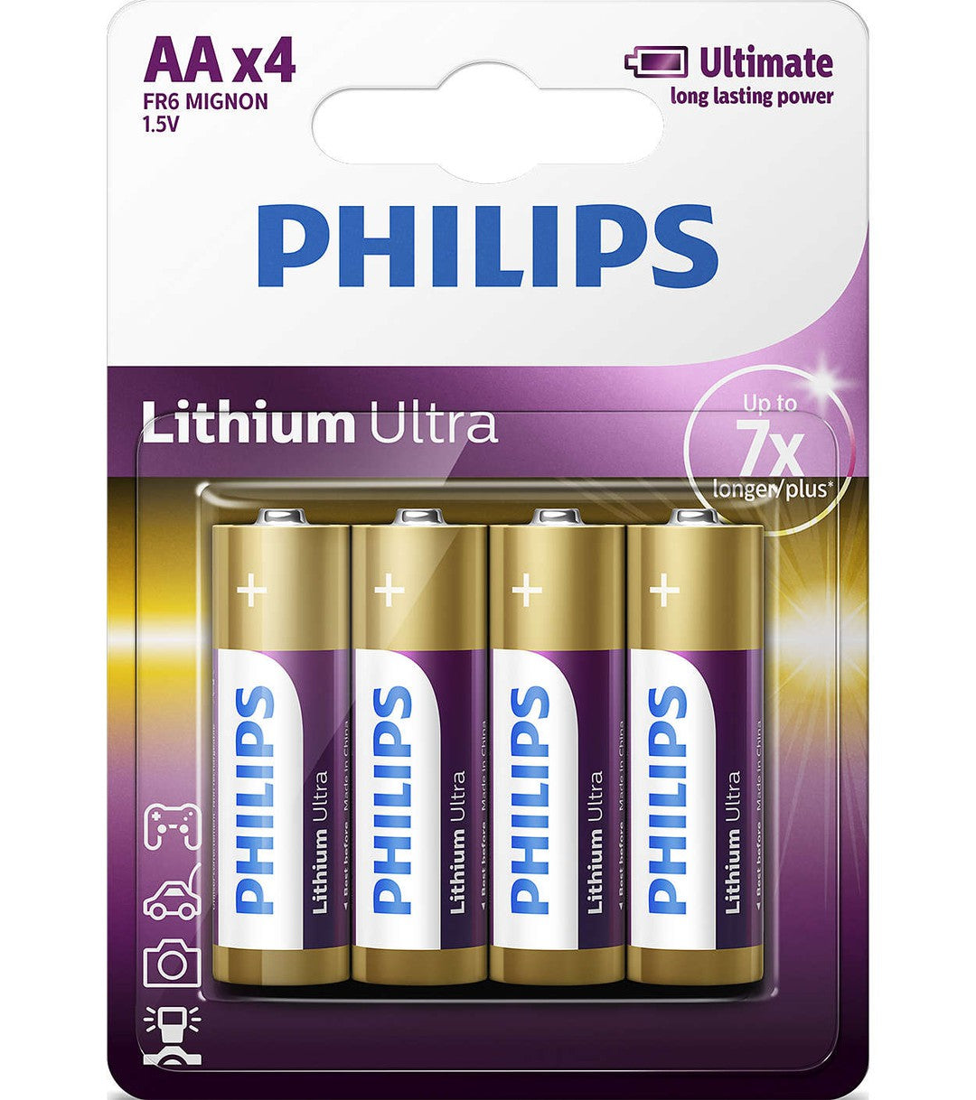 Pakke med fire Philips FR6LB4A/10 Lithium Ultra AA batterier med en spænding på 1,5 v. Batterierne har en gylden farve og er designet til at levere langvarig strøm.