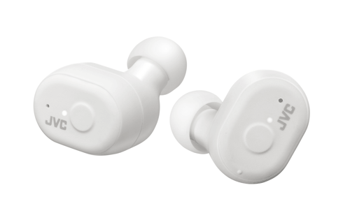JVC HA-A11T-WU Marshmallow True Wireless EarBuds i hvid farve med elegant og minimalistisk design samt logoet JVC synligt på siden
