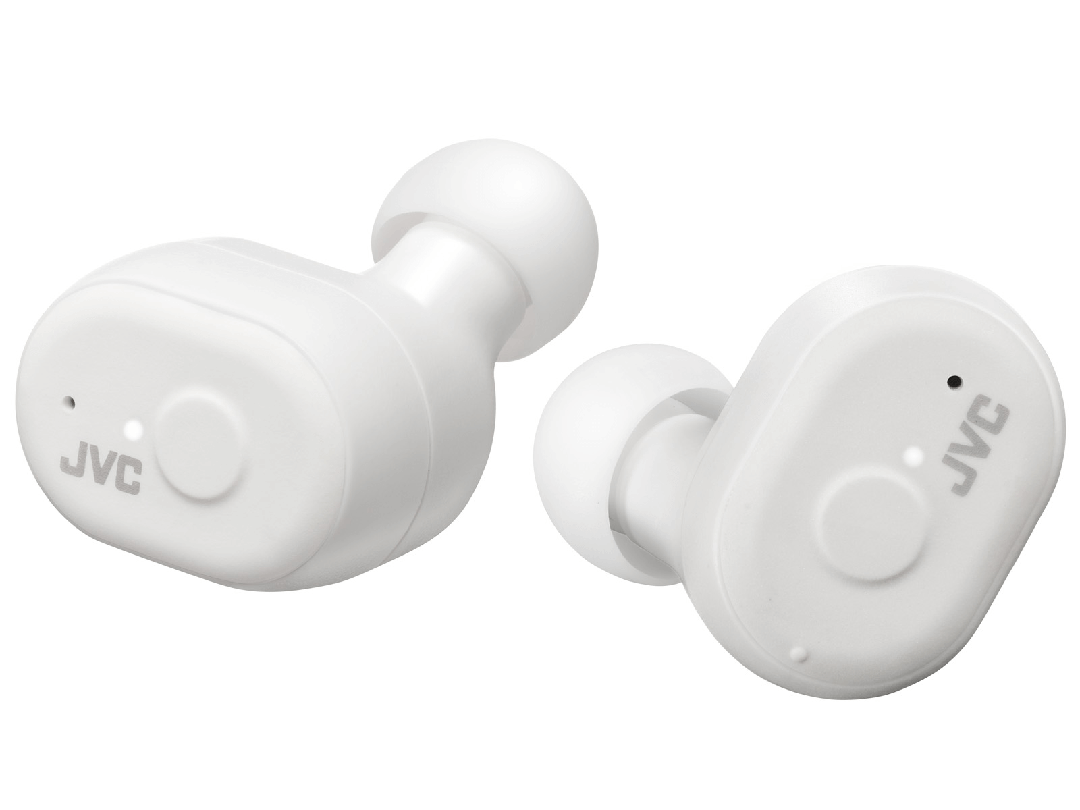 JVC HA-A11T-WU Marshmallow True Wireless EarBuds i hvid farve set fra fronten med tydeligt synlige JVC-logoer på begge øretelefoner