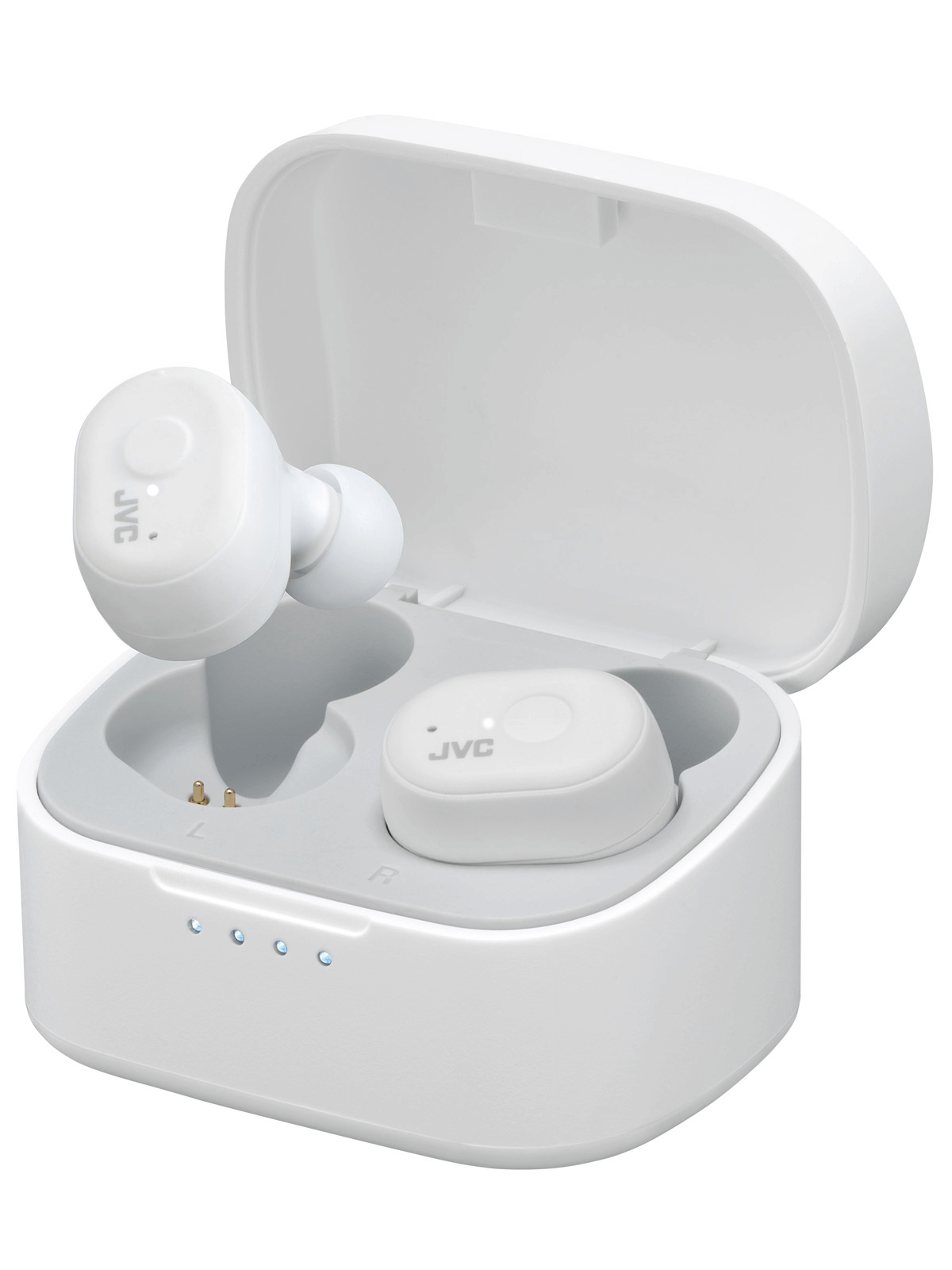 JVC HA-A11T-WU Marshmallow trådløse earbuds i hvid med opladeretui synligt åbent og to earbuds i etuiet, den ene delvist ude, indikerende en moderne og stilfuld design med lysindikatorer for batteristatus