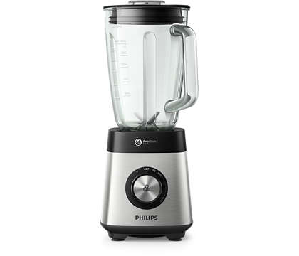 Philips HR3571/90 blender med 1000W motor og klar glasskål, drejeknap til hastighedsindstillinger og robust sølvfarvet base