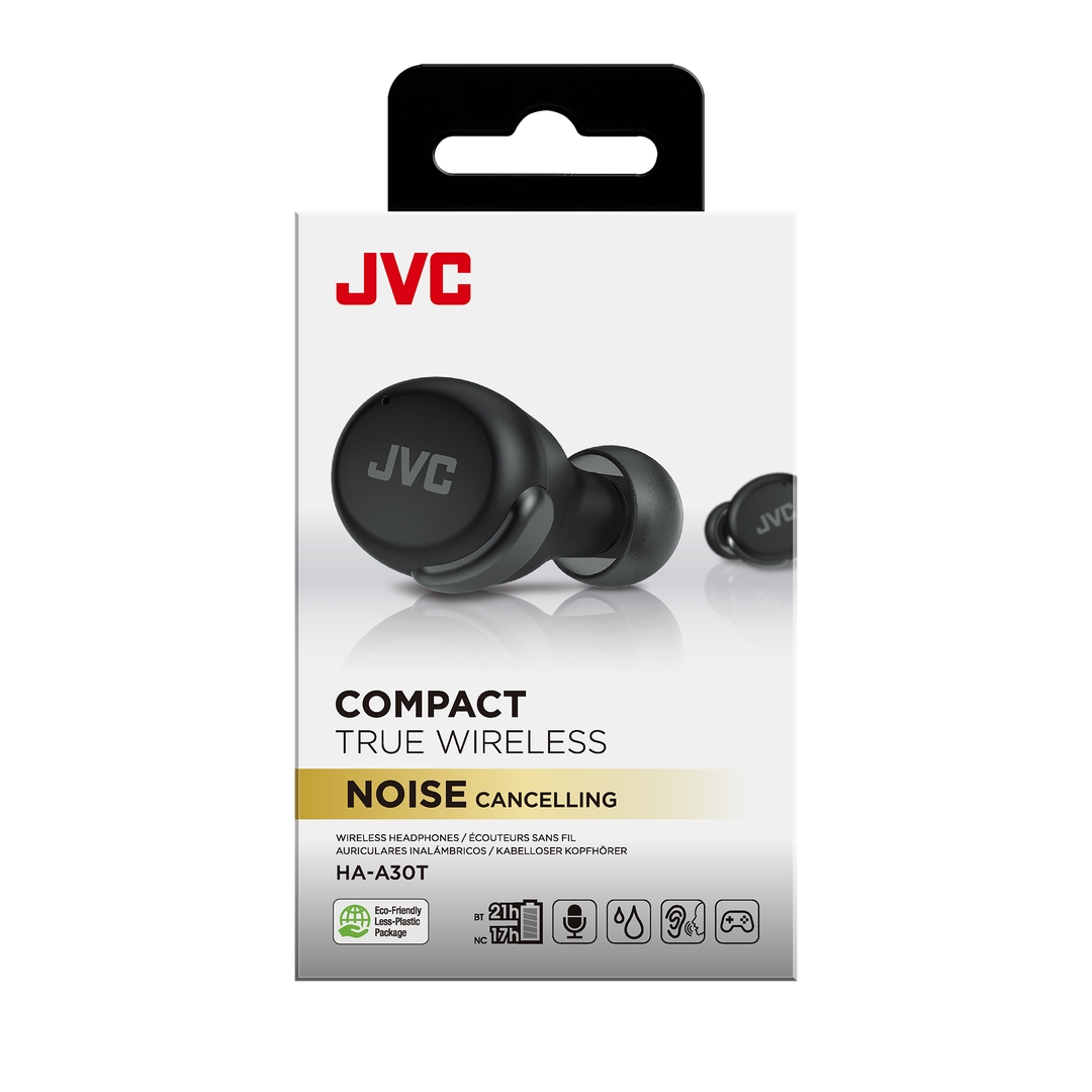 JVC HA-A30T-B-U True Wireless in-ear hovedtelefoner med noise cancelling i sort emballage viser produktnavnet og funktionerne tydeligt med fokus på trådløs og støjreducerende teknologi