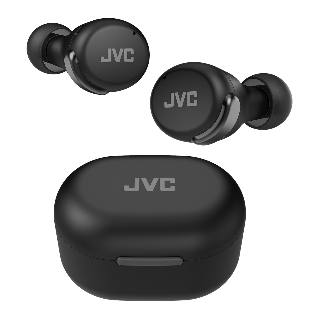 JVC HA-A30T-B-U True Wireless in-ear hovedtelefoner med støjreduktion i sort farve sammen med ladestation