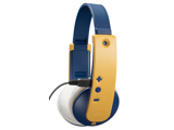 Trådløse on-ear hovedtelefoner til børn i gult og blåt design med justerbar hovedbøjle og kontroller til lydstyrke og play/pause knap