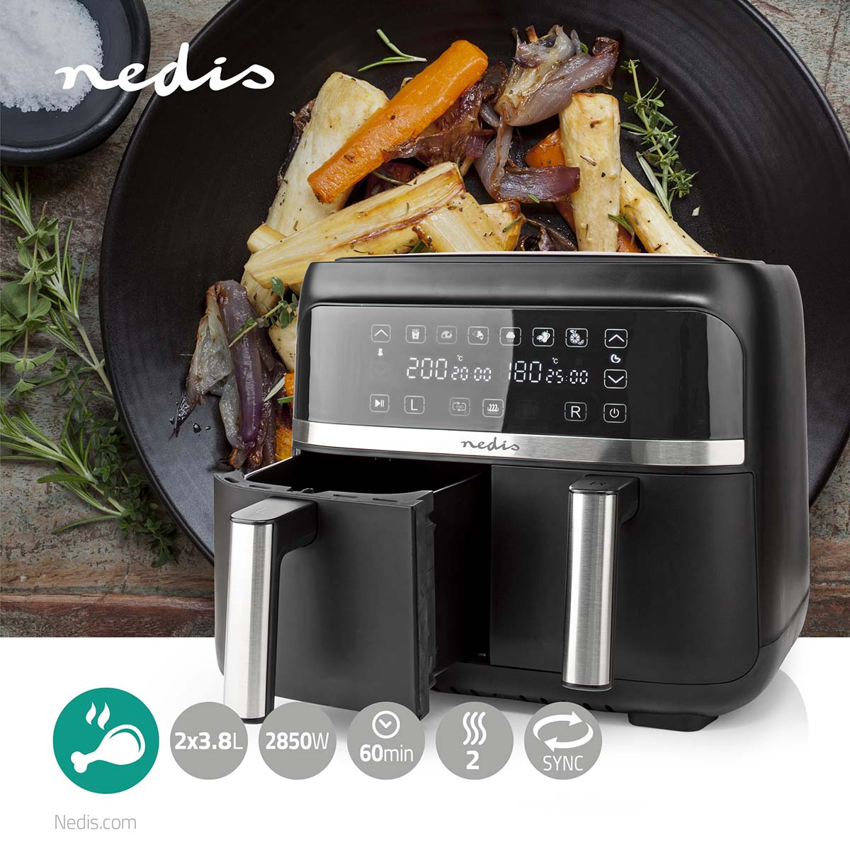 Nedis KAAFD350EBK Hot Air Fryer 2x3.8 l | Timer: 60 min | Digital | Sort