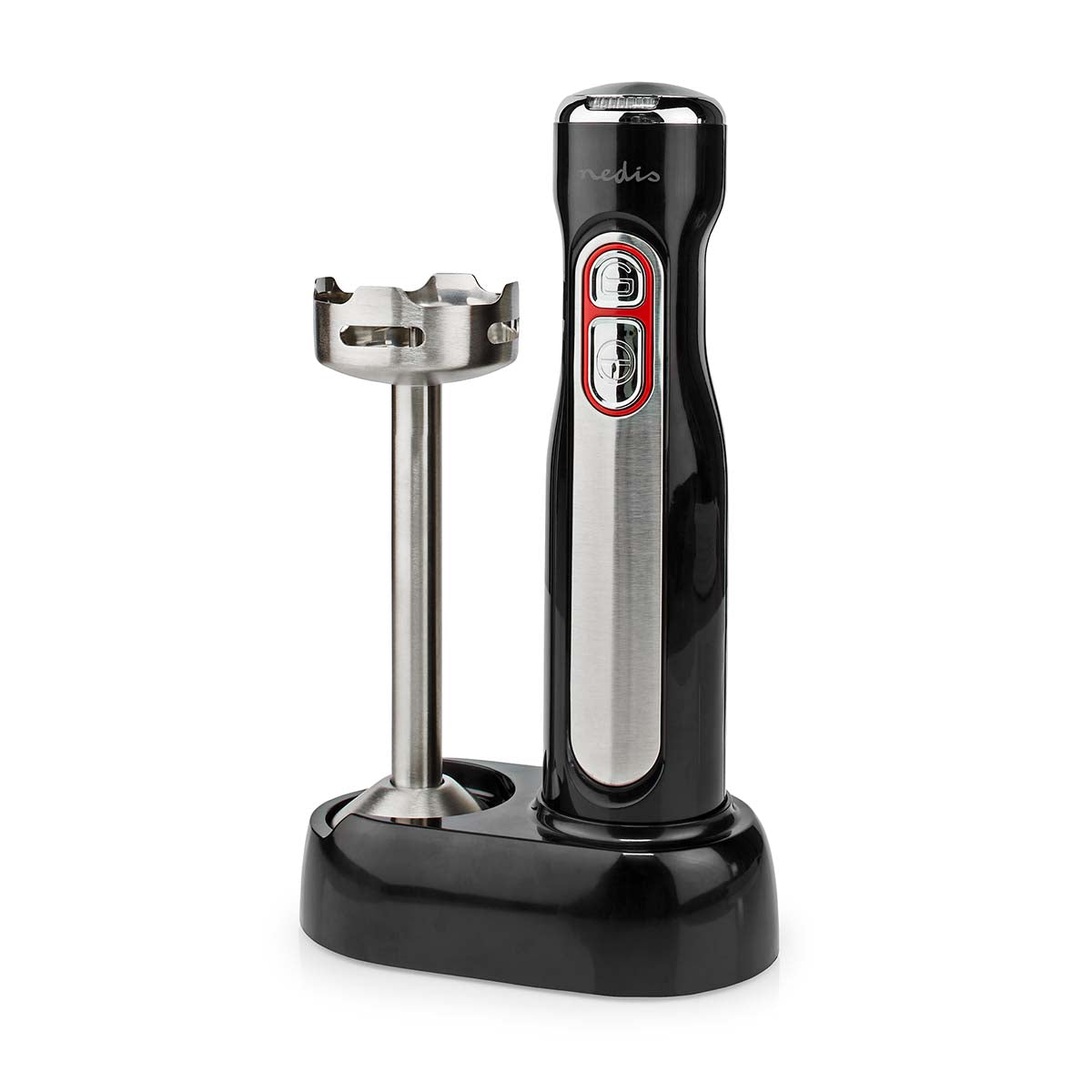 Billede af en Nedis KAHB600BK ledningsfri stavblender i sort med en metalstav og betjeningsknapper på siden samt en stativ til opbevaring.