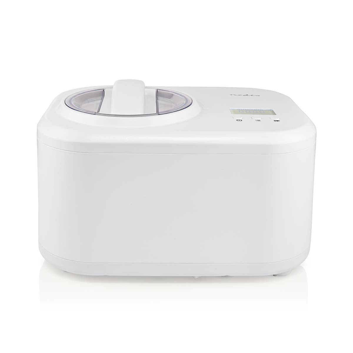 Billede af Nedis KAIM600CWT ismaskine i hvid farve med en kapacitet på 1,0 liter og digital kontrolpanel placeret øverst på enheden