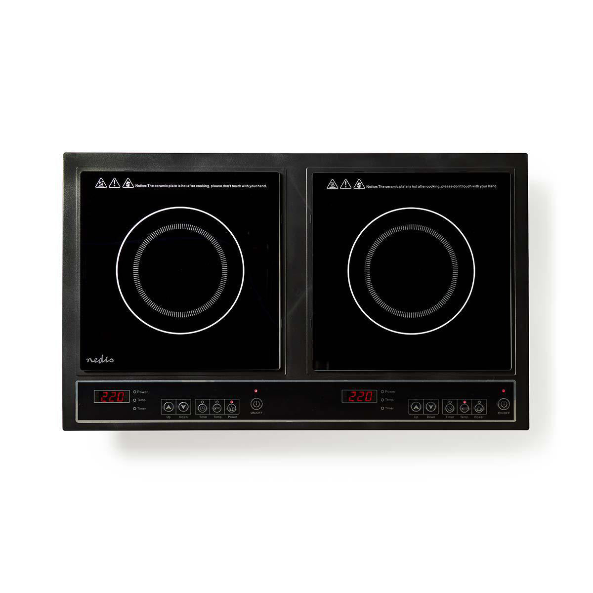 Induktionskogeplade fra Nedis med to zoner i sort design og digital display til temperaturkontrol og funktioner