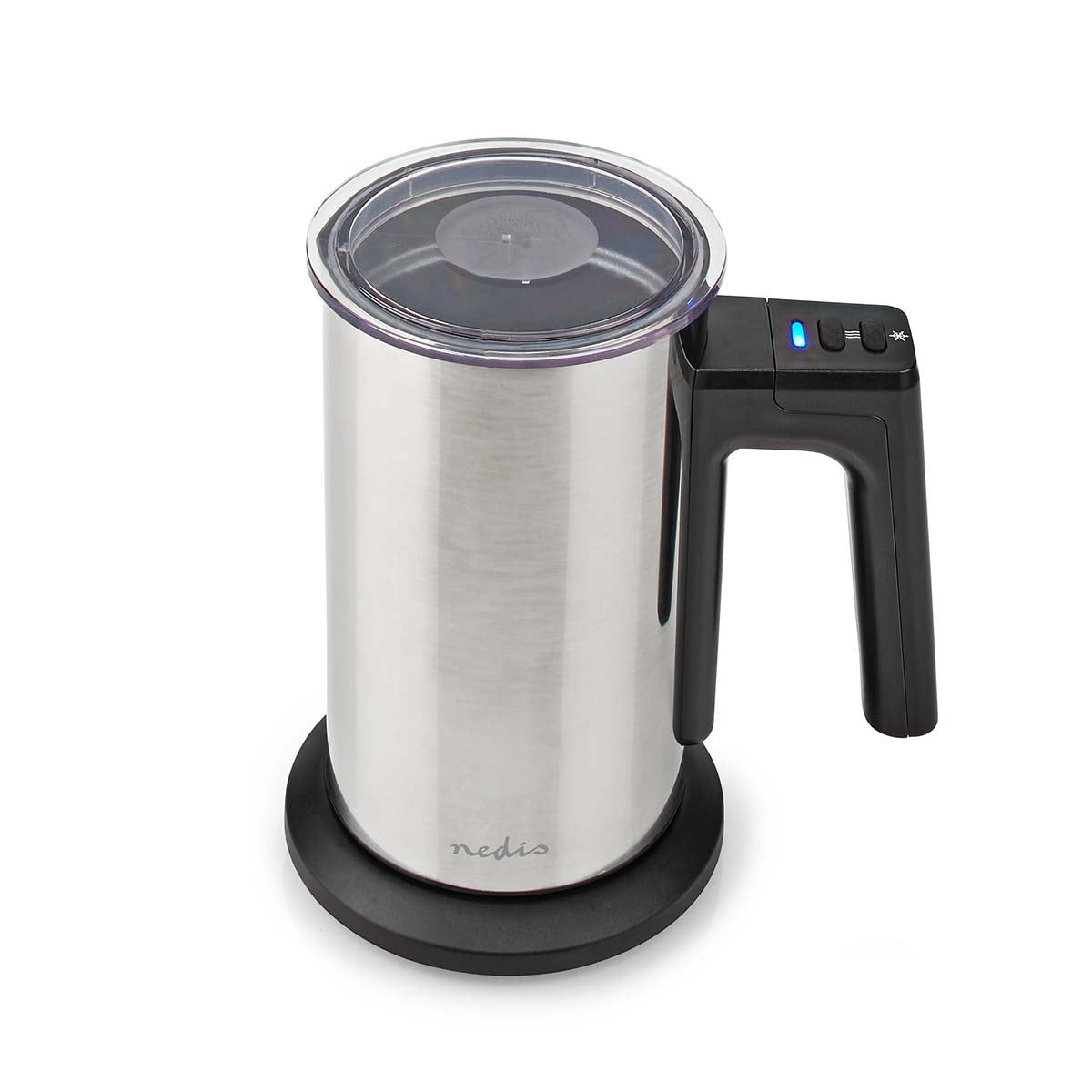 Mælkeskummer fra Nedis i rustfrit stål med en kapacitet på 0.15 liter skjult varmeelement og en effekt på 500 watt trådløs design med en enkelt hastighed og en sort håndtag