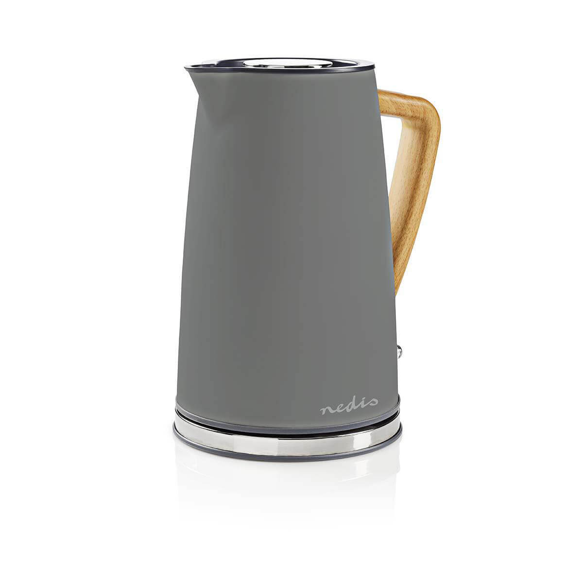 Elkedeler fra Nedis i grå farve med en træagtig håndtag og en kapacitet på 1,7 liter. Designet med en moderne og stilfuld fremtoning der passer ind i ethvert køkken.