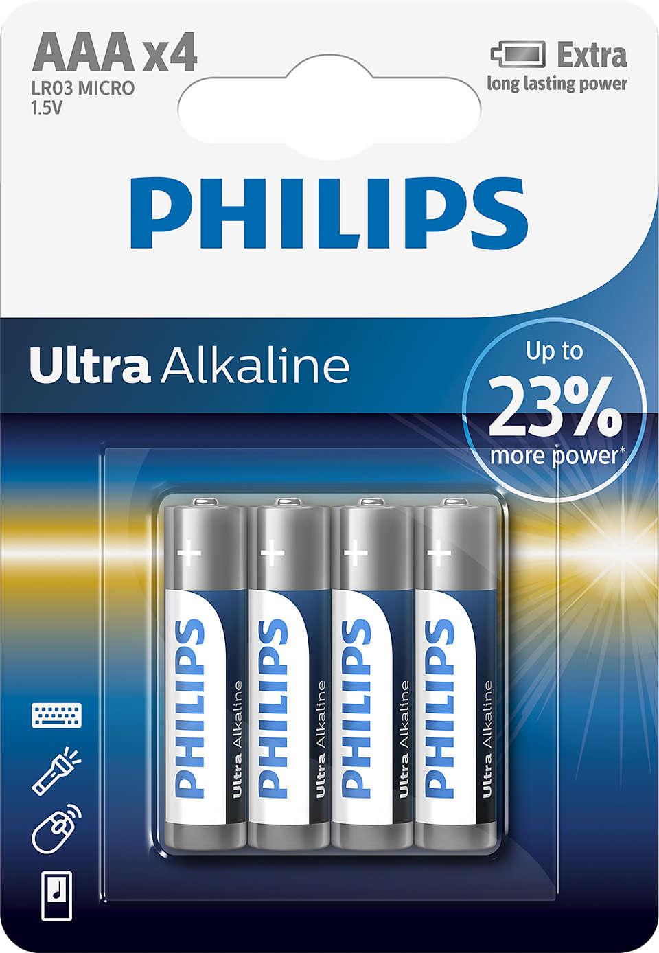 Pakke med fire Philips LR03E4B/10 Ultra Alkaline AAA batterier med 1,5V strømstyrke og ekstra langvarig energiopbevaring, designet til at levere op til 23 procent mere kraft