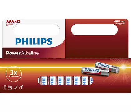 Philips LR03P12W/10 Power Alkaline AAA batterier pakket i en rød emballage med to vinduer der viser batterierne inde i kassen indholdet består af 12 batterier som tilbyder tre gange mere kraft end almindelige batterier