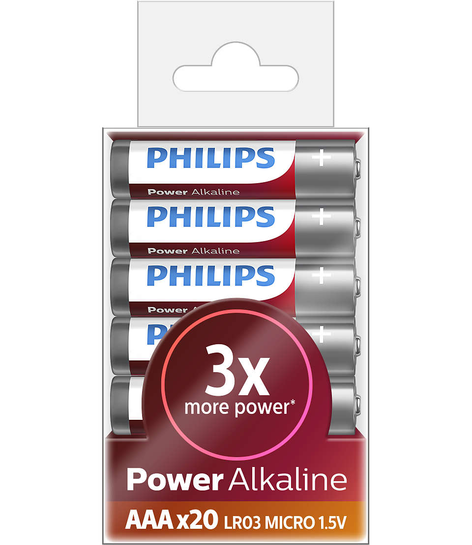 Pakke med 20 Philips LR03P20T Power Alkaline AAA batterier designet til at levere langvarig strøm og pålidelig ydeevne med en effekt på 1.5V