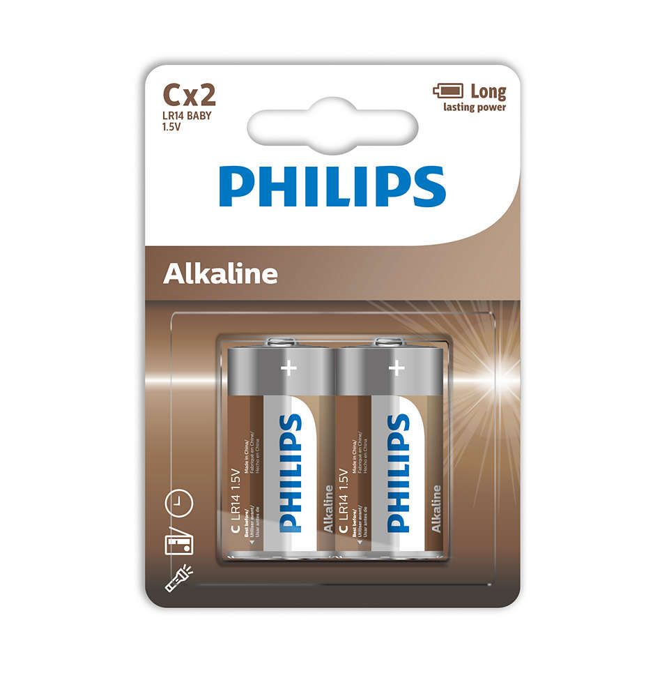 To sæt LR14A2B/10 Alkaline C batterier fra Philips i en pakke med to enheder med tydelig mærkning og information om langvarig strøm.